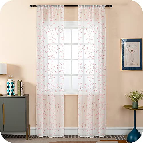 GIRASOLE HOME® Coppia Tende Filtranti in Simil Lino Fantasia Rampicanti Tenda per Porta Finestra ed Interni 2 Pannelli con Tasca e Passanti Nascosti (Rosa, 70x235cm)