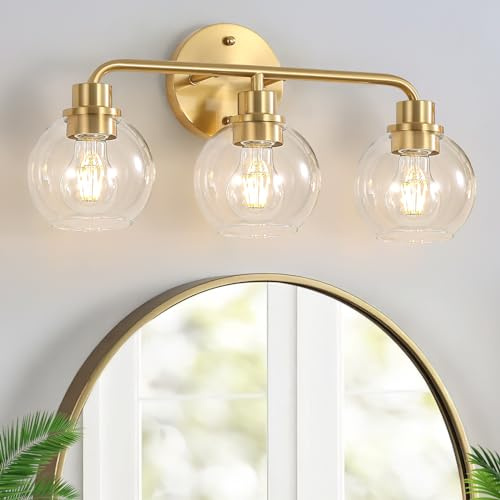 Watyo Bathroom Light Fixtures Gold Vanity Light 3 Light Wall Sconces Lighting Brushed Brass Lights with Clear Globe Glass Shades Bath Wall Lamp for Mirror Kitchen Living Room Bedroom Hallway