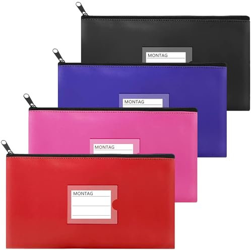 4 Stück Geldtasche, Banktasche aus Kunstleder Geldbeutel Banktasche Bankmappe, Geldmappe mit Reißverschluss und Fenster 27 x 15 cm für Schule Haushalt Geschäftlich (4 Farben)
