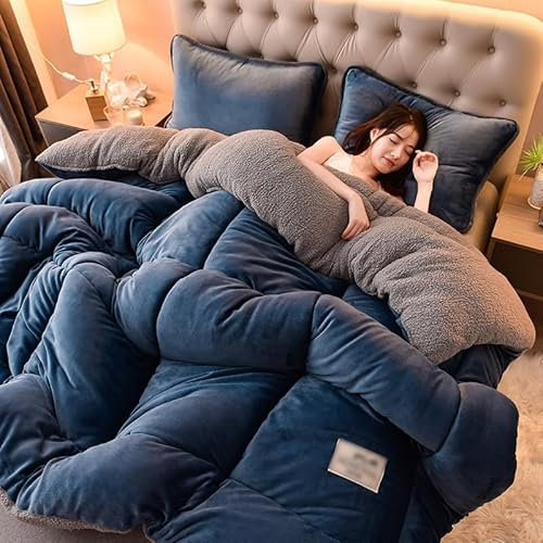 TUCVZVO Komfort Dicke Bettdecke Daunendecke,Bauschige Ganzjahresdecke,Winter Steppdecke Dicker Lamm-Kaschmir, Decke, Flauschige Kaschmir-Steppdecken,Blau,200x230cm(4kg)