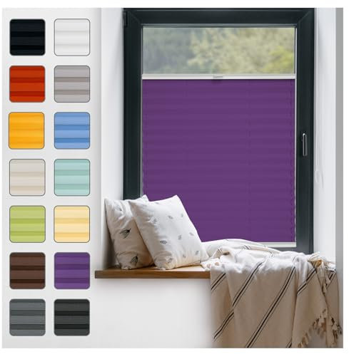 Fenster Plissee ohne Bohren zum Kleben Innenrahmen - Thermo Plisseerollo Innen - Rollo Jalousie, Halterungen auf Rahmen, Faltrollo, Sichtschutz, Blickdicht, für Fenster & Tür - Violett, 75 x 80 cm