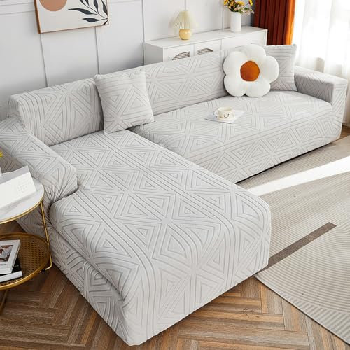 OKJK Stretch sofabezug l Form,Wohnzimmer Schlafzimmer Sofaschoner rutschfest für Ledersofa,Sofa überzug aus weichem und bequemem Stoff,Staubdicht,Pflegeleicht (Light Grey,3 Seater + 3 Seater)