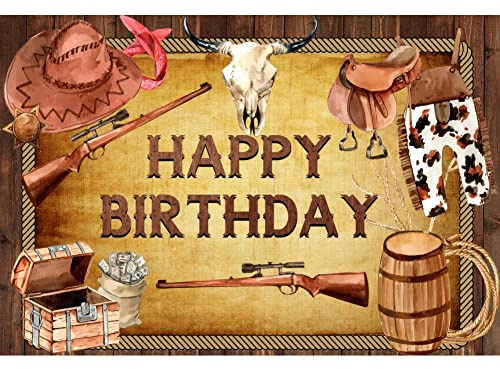 SDOTPMT 7x5ft Jeans Joyeux Anniversaire Polyester Bretelles Pantalons Western Country boardhunter Shotgun Bottes Chapeau Corde Shotgun Fond décoration Photo Prop