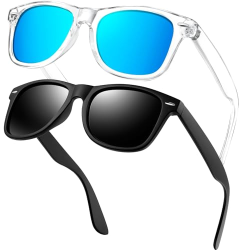 KANASTAL 2er Set Polarisiert Sonnenbrille Herren Damen Retro Rechteckig Sonnenbrille UV400 Schutz, Transparent Rahmen Blau Gläser und Matt Schwarz Rahmen Schwarz Gläser