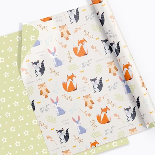 Tyzarglef Geschenkpapier für Babypartys, Mini-Rolle, 43,2 x 100 cm, Tier- und Neugeborenen-Design, für Geburtstagsgeschenke, Babyparty-Geschenke