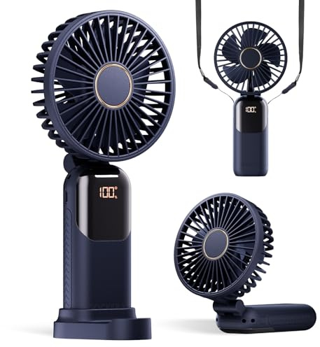 GOCKERA Portable Fan, 4200mAh Battery Operated Fan, 5 Speeds&Digital Display, Makeup Fans for Women with Base, 180°Foldable 3in1 Handheld/Neck/Desk Fan for Outdoor Indoor,Ultra Quiet (Blue)