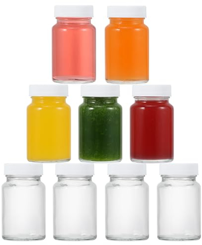 Glass Shot Bottles 60ml, 9pcs 2oz Juice Bottles With Lids, Reusable Small Clear Ginger Bottles, Wide Mouth Leakproof Mini for Drinking, Dishwasher and Fridge Safe