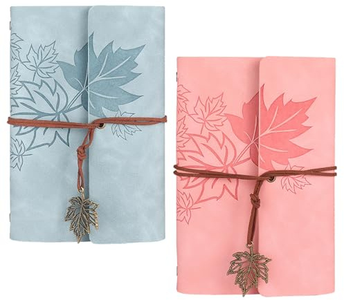 2 Pack Leder Notizbuch A7, BetterJonny Retro Notizbuch aus Leder Vintage Spiralbindung Tagebuch Nachfüllbares Tagebuch Reisetagebuch Skizzenbuch für Männer und Damen, Rosa und Blaugrau Ahornblätter
