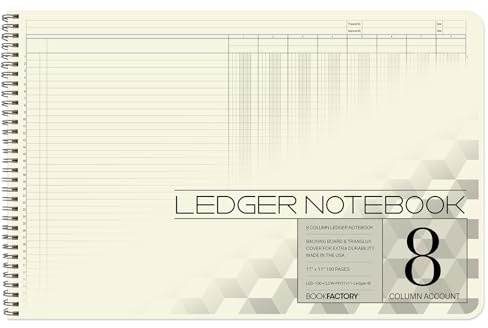 BookFactory Cahier de comptabilité/grand livre de comptabilité à 8 colonnes (huit colonnes) – 43,2 x 27,9 cm, 100 pages, format paysage Wire-O (LED-100-CLCW-PP (17x11-Ledger-8)-AX)