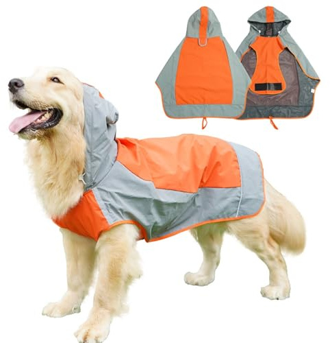 Hunderegenmantel Wasserdicht, Verstellbarer Regenmantel Hund mit Reflexstreifen und Kapuze, Regenjacke Hund für Outdoor Wandern, Regencape Hunde für Kleine, Mittelgroße und Große Hunde (Orange, XXL)