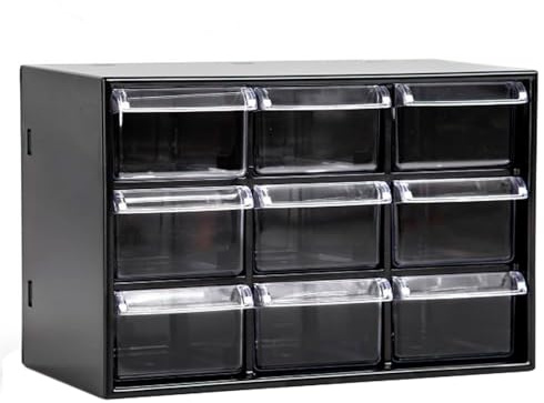 Tradineur - Organizador multiusos de plástico, 9 cajones, clasificador apilable, tornillos, tuercas, botones, piezas pequeñas, bricolaje, fabricado en España (Negro - 18,5 x 10 x 12 cm)