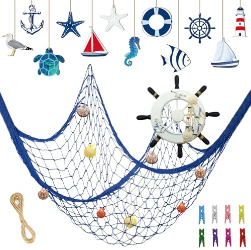 Nature Fish Net Wall Decoration with Shells Set, Ocean Wall Hangings Fishing Net Party Decor include Blue Fishing Net, Wooden Ornament Decor, Ship Rudder for Ocean Beach Pirate Mediterranean Party