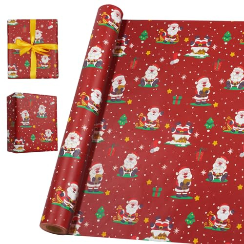 16M Red Gift Wrapping Paper Roll, 43cm Recyclable Kraft Paper Print with Santa Claus for Christmas, Birthday, Baby Shower, Party Gift Decoration