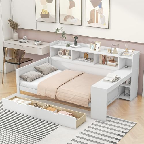 Rtopsu Kinderbett Sofabett 90x200 cm, Schlafsofa Tagesbett mit USB und Schreibtisch, Einzelbett Bett mit 2 Schubladen Stauraum, Holzbett mit Regal und Lattenrost aus Holz, Weiß, Ohne Matratze