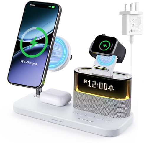 5 In 1 Wireless Charging Station with Alarm Clock For iPhone | 33W Plug,Phone Fast Charging,Bedside Charger Stand with Night Light For iPhone17 16 15 14 13 12 Pro Max AirPods Apple Watch