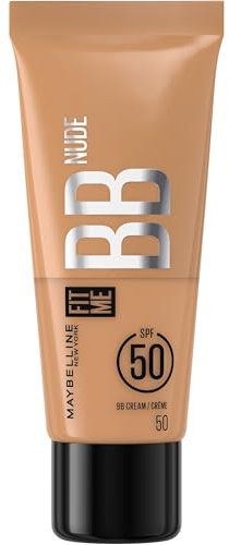 Maybelline New York BB Cream SPF50, Pelle Uniforme, Idratata e Protetta, Arricchita con Pigmenti Che si Uniformano all'Incarnato, Con il 90% di Ingredienti Skincare, Fit Me BB Nude, Tonalità: 50, 30ml