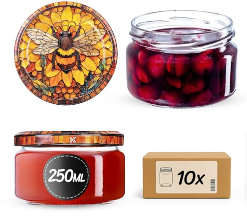 KADAX Set di 10 vasetti per marmellata in vetro 250ml Ø82 – tappo a vite ermetico, per marmellate, miele, confetture e bomboniere