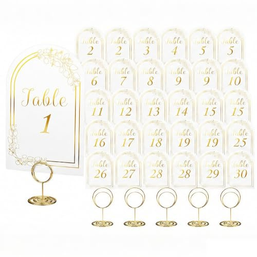 30stk Goldene Doppelseitige Tischnummern Hochzeiten mit Metallhalter | Elegant, Für Hochzeit, Party & Bankett, Transparent & Gold