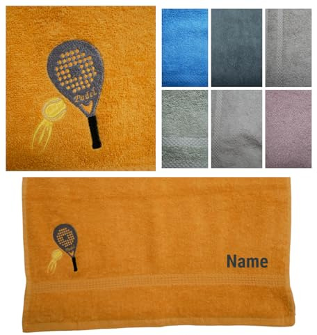 Handmade Handtuch 50 x 90 cm Padel Ball Sport Tennis Schläger bestickt Wunschtext Name Geschenk Wunschfarbe