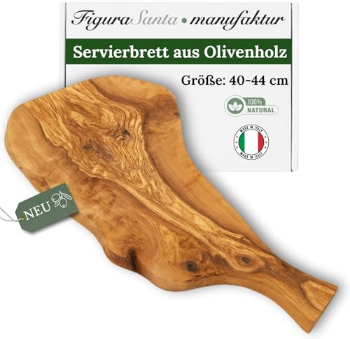 Figura Santa Olivenholz Servierbrett mit Griff, Schneidebrett, Handgefertigt seit 1988, Rustikales Holzbrett für die Küche,Käsebrett und Antipasti Servierplatte, Olivenholzbrett (40-44 cm)