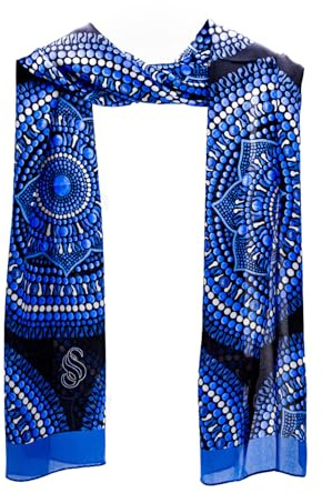 Seta Sole Sciarpa in 100% Seta Made in Italy 45x160 cm Mandala Disegnato a Mano Foulard Elegante Donna Blu