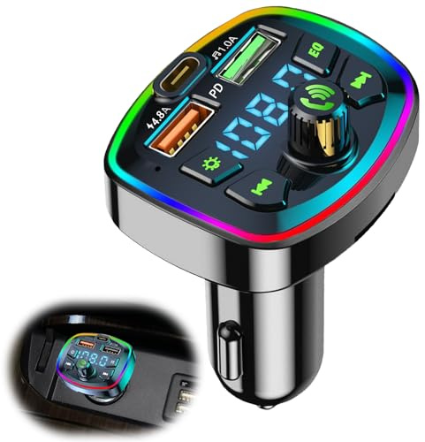 Bluetooth Car Adapter, Q7 FM Wireless Bluetooth Transmitter, PD20W Fast Charger, Dual USB Ports (4.8A & 1A), Hands-Free Calling, Support TF Card & USB Flash Drive[Light Switch] [HiFi Bass Sound]