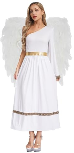 Eandarui Disfraz de alas de ángel para mujer, vestido blanco, elegante, vestido largo de un hombro, vestido de baile con plumas, alas de ángel, fiesta temática, cosplay, color blanco, XXL