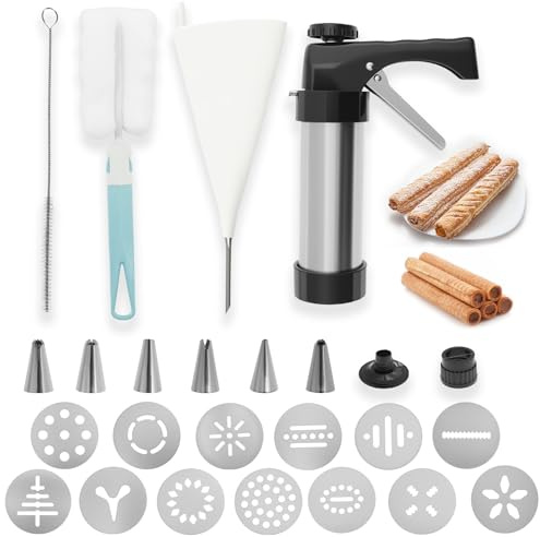 harupink Prensa de pastelería de acero inoxidable con 13 plantillas, 9 boquillas, manga pastelera y 2 cepillos de limpieza, jeringa de masa para churros y galletas (plata)