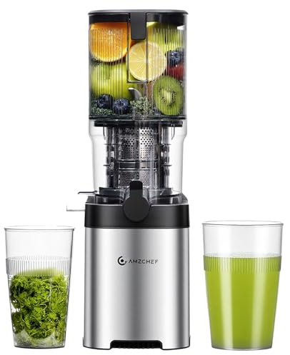 AMZCHEF Slow Juicer with 126mm Extra-Wide Feed Chute, Auto-Cutting Auger, Triple Filter System, Cold Press Juicer for Whole Fruits & Vegetables, Silver