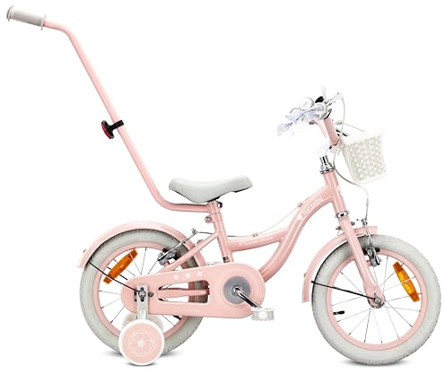 Sun Baby Barncykel 14 Tum FLOWER BIKE Retro, Cykel för barn - Flicka 3-5 År, Max 50 kg - V-bromsar, stödhjul, ringklocka, reflexer, stålram, justerbar - Rosa