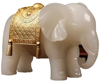 Naturlig vit Jade Feng Shui elefantstaty, handskuren rikedom vattensugande elefantfigur, 5,8 x 3,7 x 4 tum
