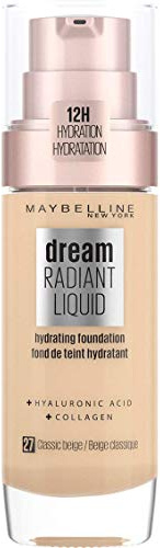Maybelline Foundation, Dream Radiant Liquid Hydrating Foundation mit Hyaluronsäure und Kollagen – leicht, mittlere Deckkraft bis zu 12 Stunden Hydratation – 27 Classic Beige