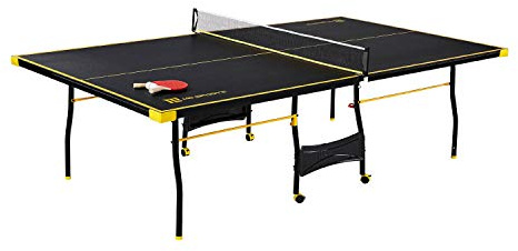 MD Sports Table Tennis Set, Regulation Ping Pong Table with Net, Paddles and Balls (8 Pieces) - Black & Yellow