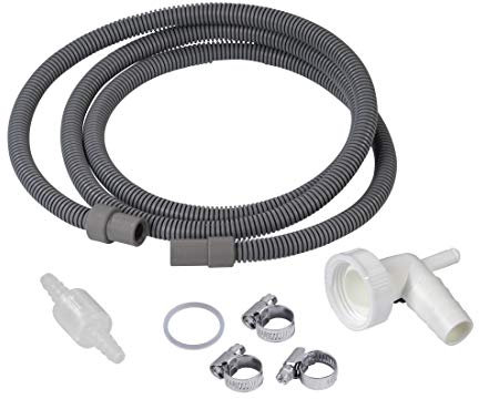 Xavax Set de tuyau d’écoulement pour sèche-linge à condensation (7 pièces, tuyau de vidange 1,5 m, raccord de siphon avec bague d'étanchéité, 3 colliers de serrage et clapet anti-retour) Argent/Blanc
