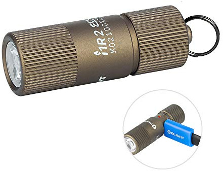 OLIGHT i1R 2 EOS 150 Lumens Tiny Rechargeable Keychain Flashlight EDC Mini LED Keyring Light with Built-in Battery for Camping Hiking Dog Walking etc (Desert Tan)