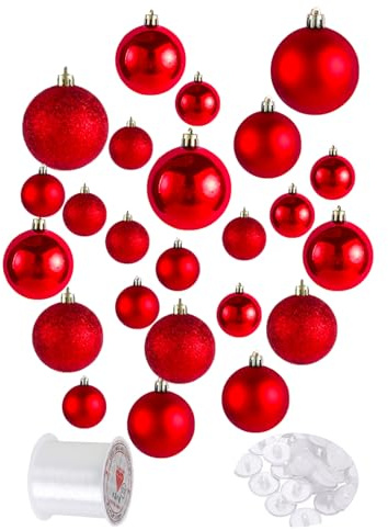 PEPAXON Christmas Balls Xmas Baubles Ceiling Hanging Christmas Ornament Festival Decoration 4cm/6cm/8cm, 24 Baubles+24 Hooks+1 Roll of Tansparent String