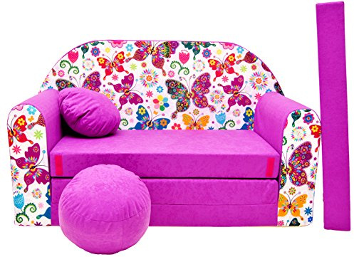 BDW Canapé-lit pour enfant avec pouf/coussin, coton, rose, 168 x 98 x 60 cm