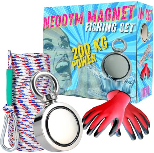 Neodym Magnetangel Set - 48mm - 200KG Zugkraft - Bergemagnet Magnetfischen Komplettset mit 20m Seil Wasserfeste Handschuhe für Magnet Fischen