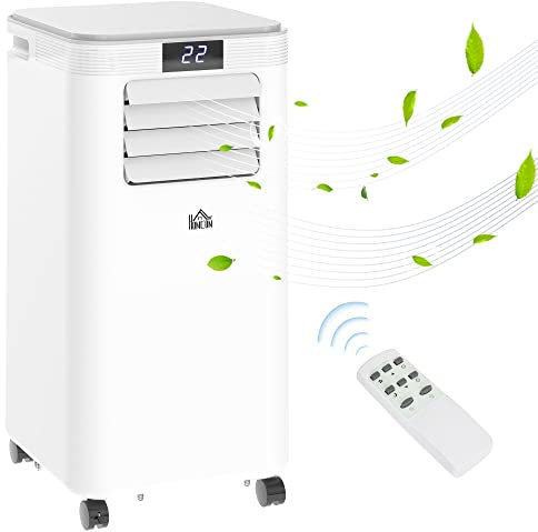 HOMCOM Mobile Klimaanlage 8000BTU 4-in-1 Klimagerät mit Abluftschlauch, Kühlen, Lüften, Entfeuchten und Schlafen, 24h Timer mit Fernbedienung Nutzungsraum 13-18㎡ ABS Weiß+Grau 38 x 35 x 70,5 cm