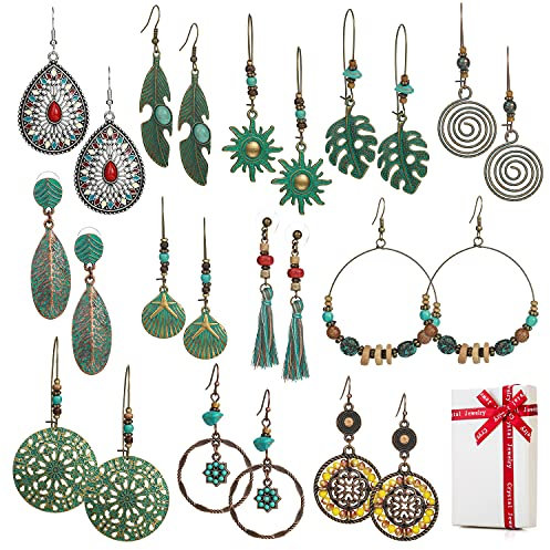 12 paar Boho Style Baumeln Ohrringe Vintage Hängend Set für Kleidung Damen Frauen Mädchen,Retro Böhmischer Orientalisch Hängeohrringe Ohrring Ohrstecker Piercing Ohr Mit Blumen Blatt Quasten Feder