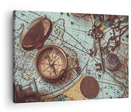 Bilder auf Leinwand Kompass Vintage Karte Leinwandbild 70x50cm Wandbilder Dekoration Wohnzimmer Schlafzimmer Küche Deko Klein Wanddeko Bild Wand Kunstdruck Art Wall Decor Canvas AA70x50-4302