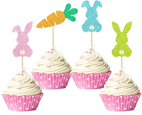 Gyufise 24 Pack Colorful Glitter Easter Bunny Cupcake Toppers Carrot Rabbit Cake Decoration Picks for Happy Easter Theme Birthday Party Spring Theme Babyshower Party Supplies