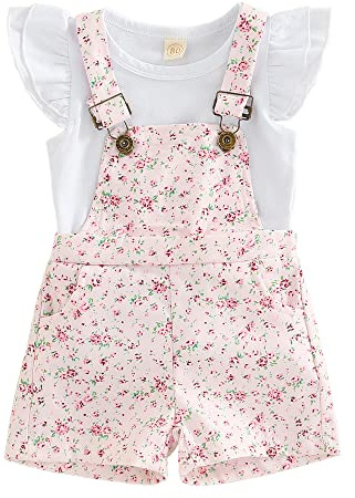 ZZLBUF Toddler Baby Girl Summer Overall Outfit Ruffle Sleeve Tops T-Shirt + Floral Suspender Shorts Pockets Clothes Set (Floral Pink, 12-18 Months)