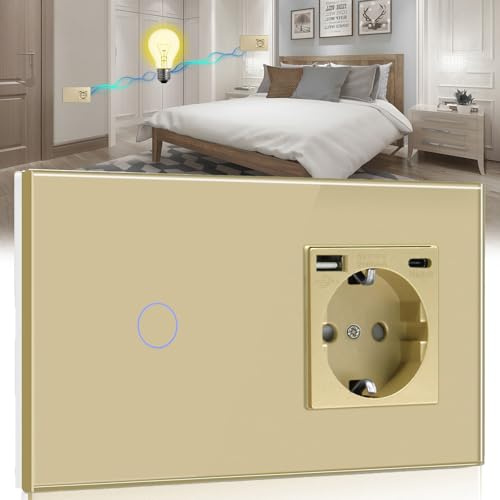 BSEED Touch Lichtschalter mit USB Steckdose Anschluss (Max. 2.1A) Typ C Port 1 Fach 2 Wege Wandschalter mit USB Steckdose Unterputz Lichtschalter mit Glasrahmen Golden (Nicht Smart Schalter)