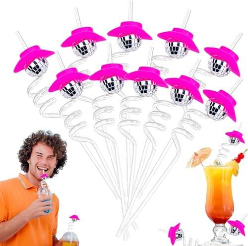 Morofme Discokugel Strohhalme 10pcs, Wiederverwendbare Mini Disco Cowboy Cowgirl Rosa Hut Strohhalme für 70s Last Disco Bachelorette Home Bar Karaoke Party Dekorationen