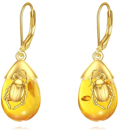 VONALA Käfer Sterling Silber Damen Ohrringe, Bernstein Anhänger Tropfen Ohrringe Schmuck für Mutter, Sicherheit Damen Ohrringe vergoldet 14K Gold Geschenke für Geburtstage, Jubiläen