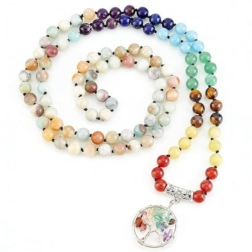 PH Pandahall 7 chakra 108 mala Collana con Perle, Collana con Bracciale Avvolgente con Perline Da 8mm, Collana con Pendente Albero Della Vita In Pietra Naturale Mista Da 103.8cm con Catena di Perline