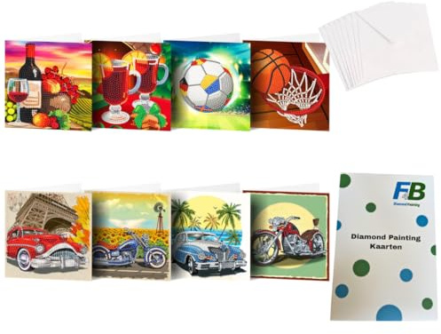 F4B 8-teilige Grußkarten (4) Diamond Painting 15x15cm | Runde Strasssteine | Mit Briefumschlägen | Geburtstagskarten | Kartenset | Cards | Fußball | Motorrad | Auto | Paket Erwachsene u