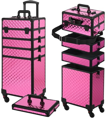 Somduy Rolling Makeup Case, Makeup Train Case with Lid, 5 in 1 Cosmetology Case on Wheels, Christmas Gift, Large Makeup Organizers, Profesional Cosmetic Case for Salon Barber, Rose Red