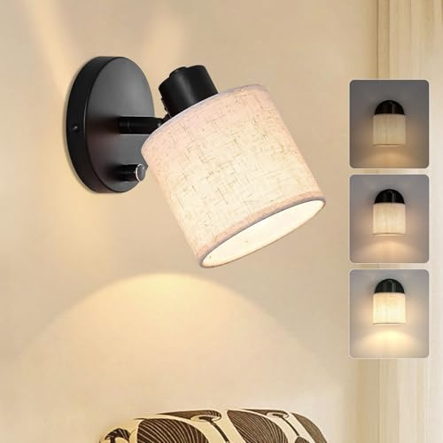 Lightess Wandlampe mit Schalter Dimmbar Vintage Stoff Beiger Schirm E27 | Wandleuchte Innen Retro, Drehbar 350°, Sockel aus Schwarzmetall, Wohnzimmer Schlafzimmer Flur Bett, Ohne Glühbirne